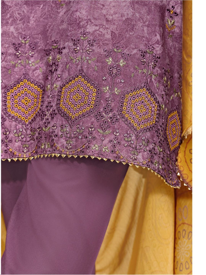 Cotton Printed & Embroidered Unstitched Suit Dupatta in Mauve & Mustard