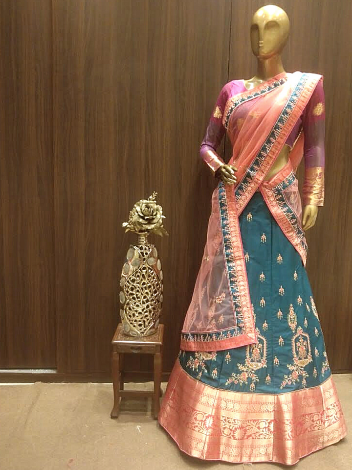 Green Semi-Stitched Lehenga with Contrast Dupatta & Blouse With Placement  Embroidery