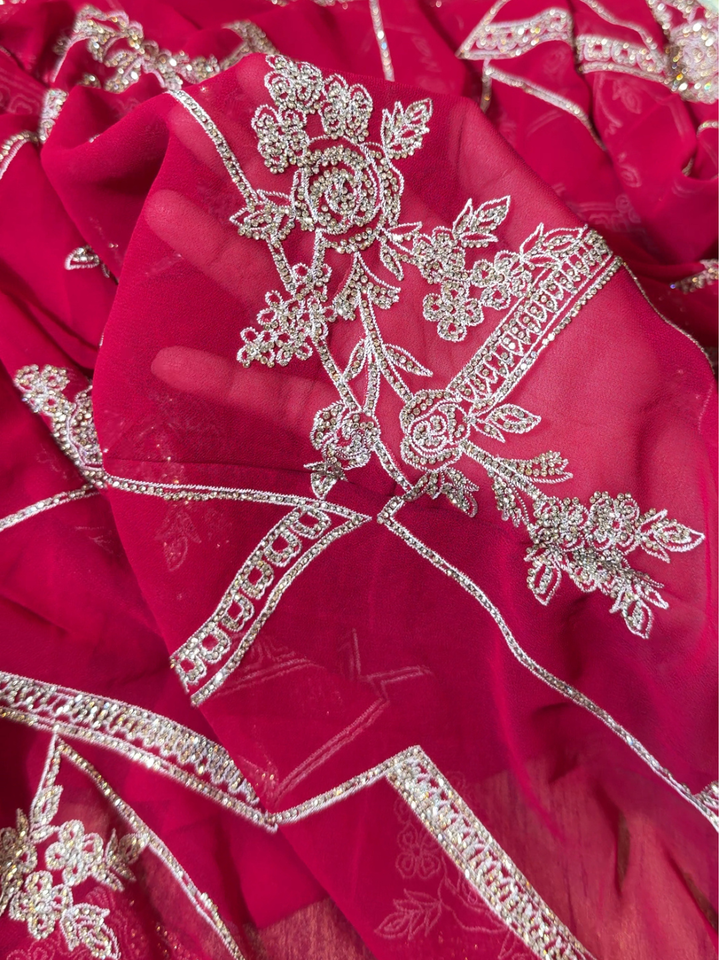 Georgette Heavy Zari & Stone Embroidered Floral & Geometric Saree with Embroidered Border