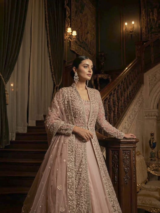 Dusty Pink Bridal Indo-western Lehenga Set with Zardozi Embroidery