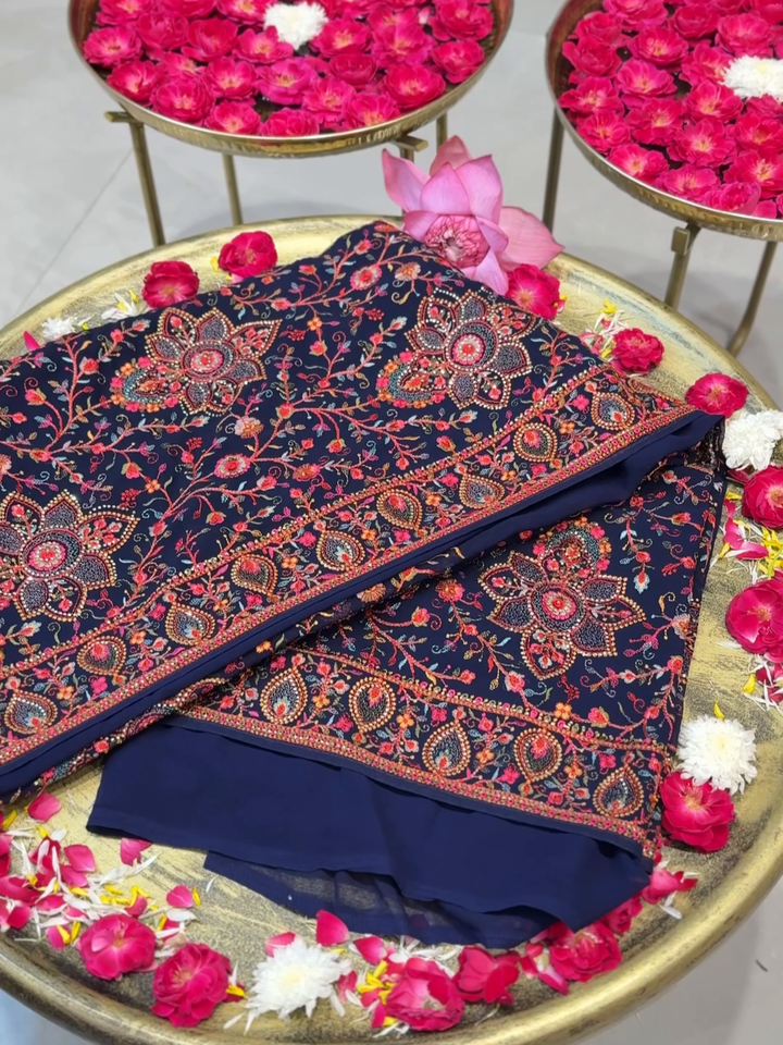 Georgette Heavy Multi-Thread & Sequin Embroidered Floral Jaal saree