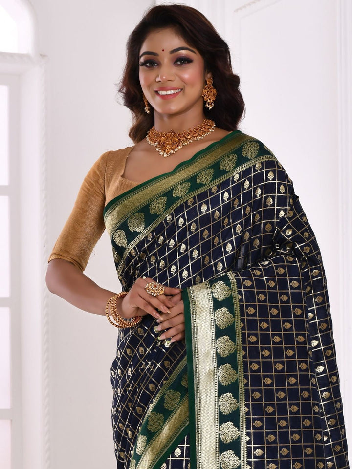 Navy Blue Checked Banarasi Silk Saree With Contrast Border & Pallu