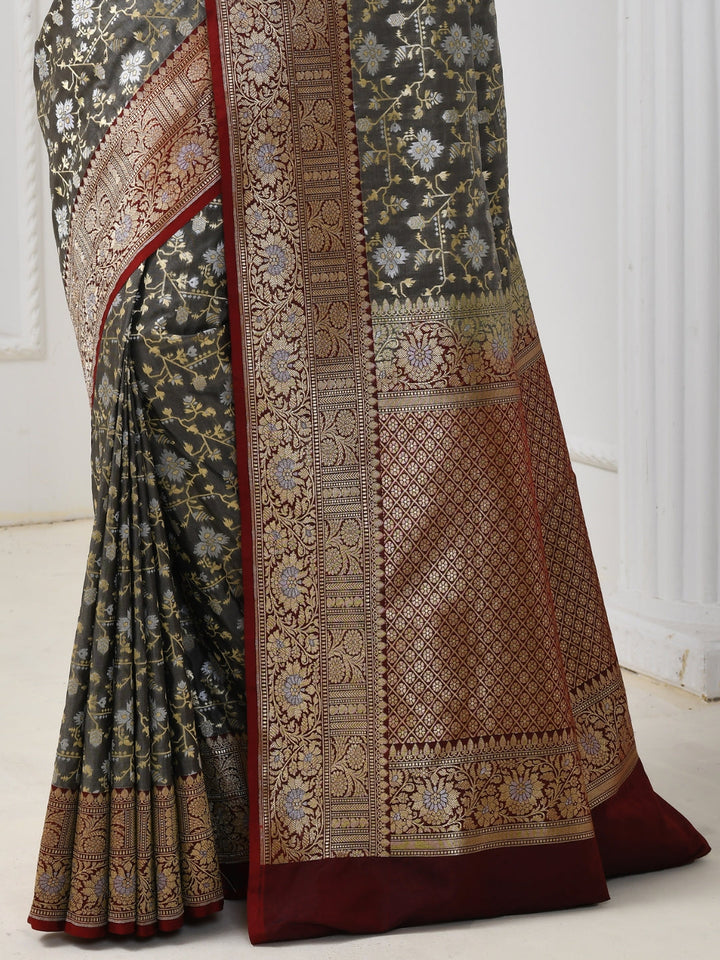 Grey Banarasi Geometric Pattern Silk Saree With Contrast Floral Border
