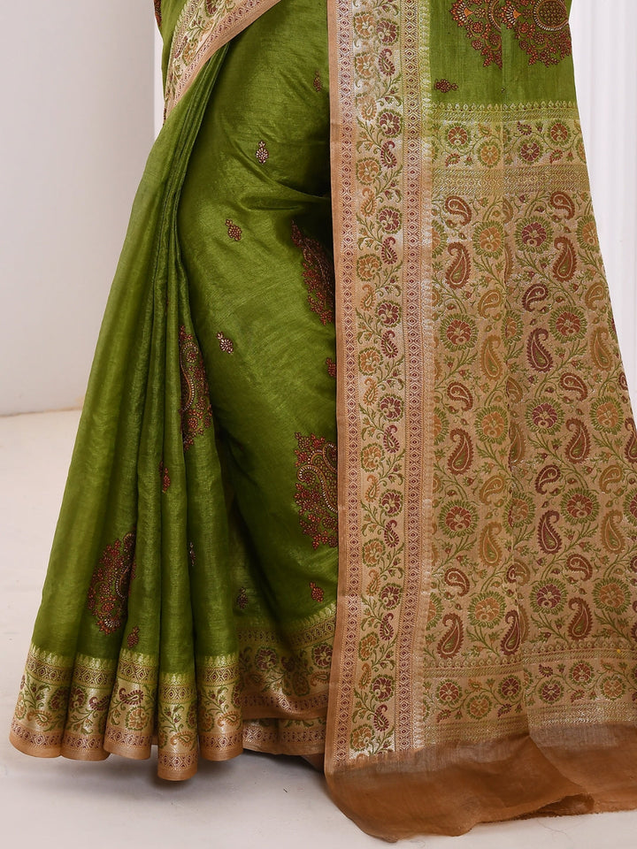 Green Resham Embroidered Embellished Silk Saree
