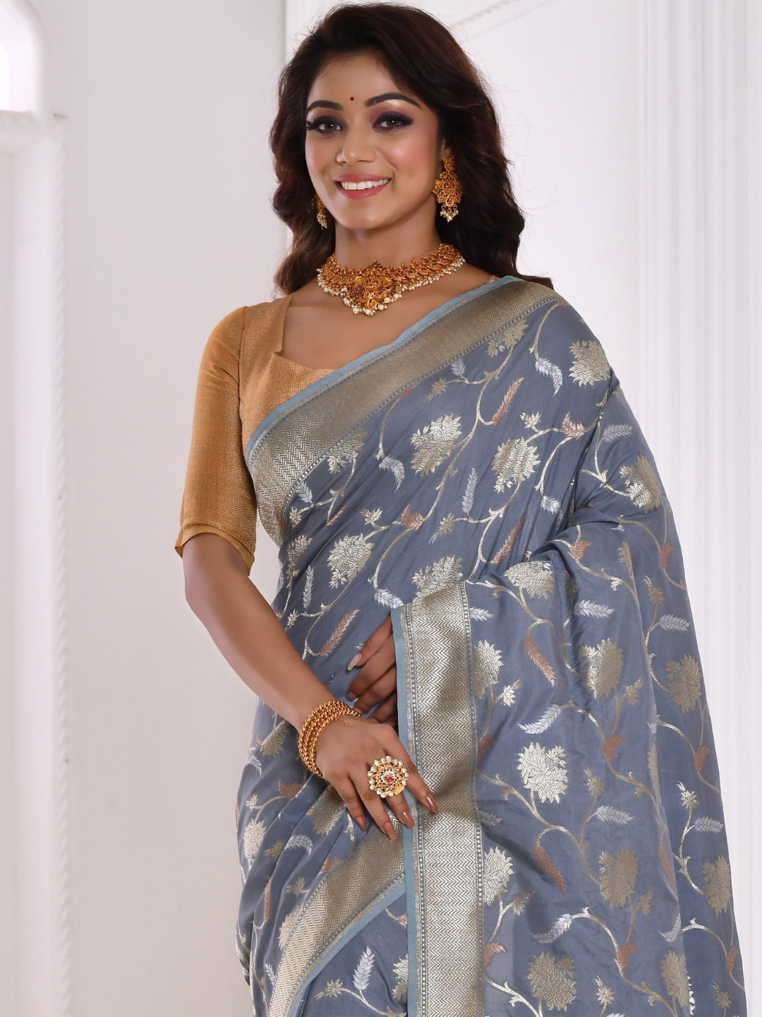 Grey Floral Silver Zari Woven Embroidered Banarasi Silk Saree