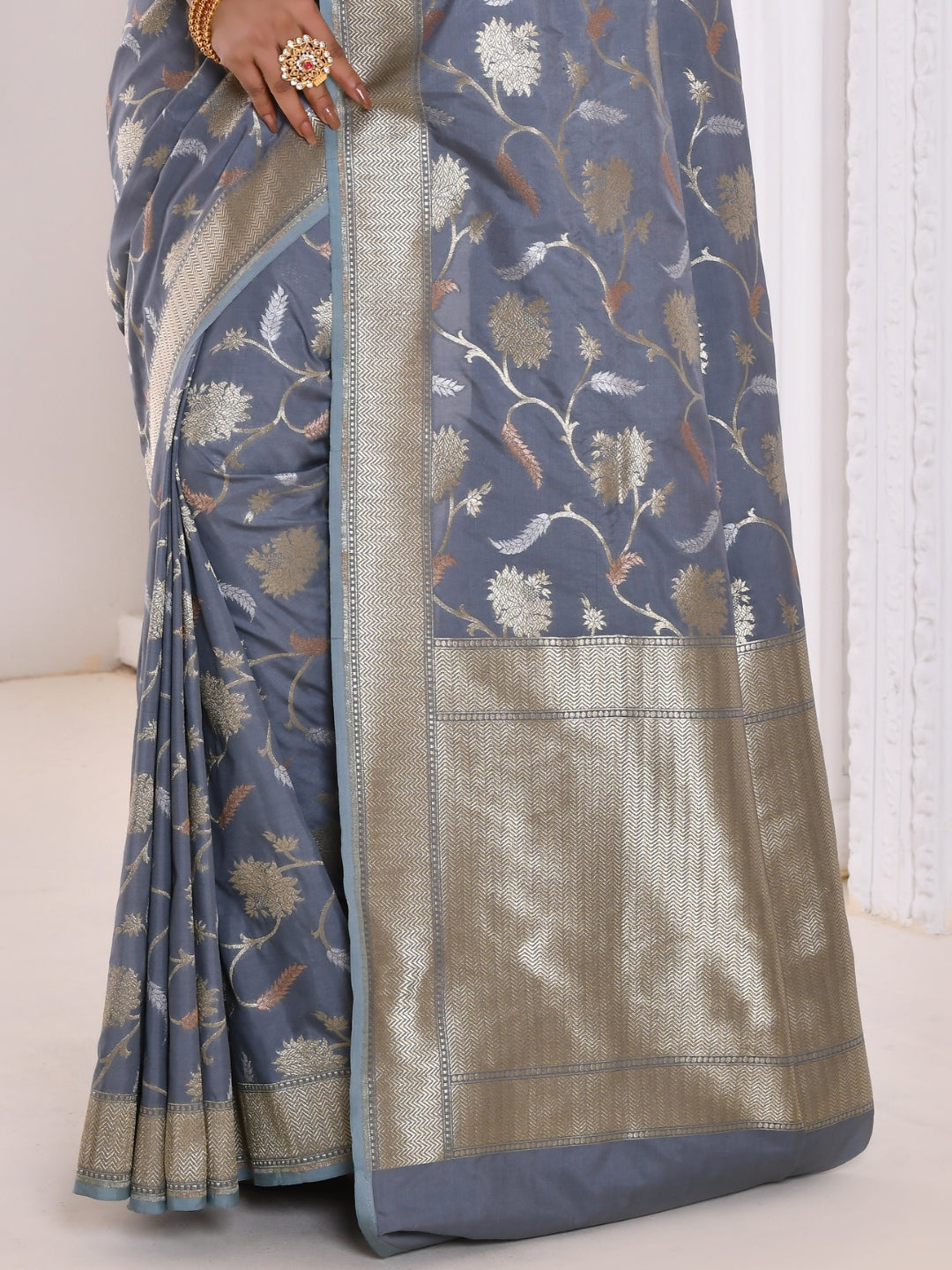 Grey Floral Silver Zari Woven Embroidered Banarasi Silk Saree