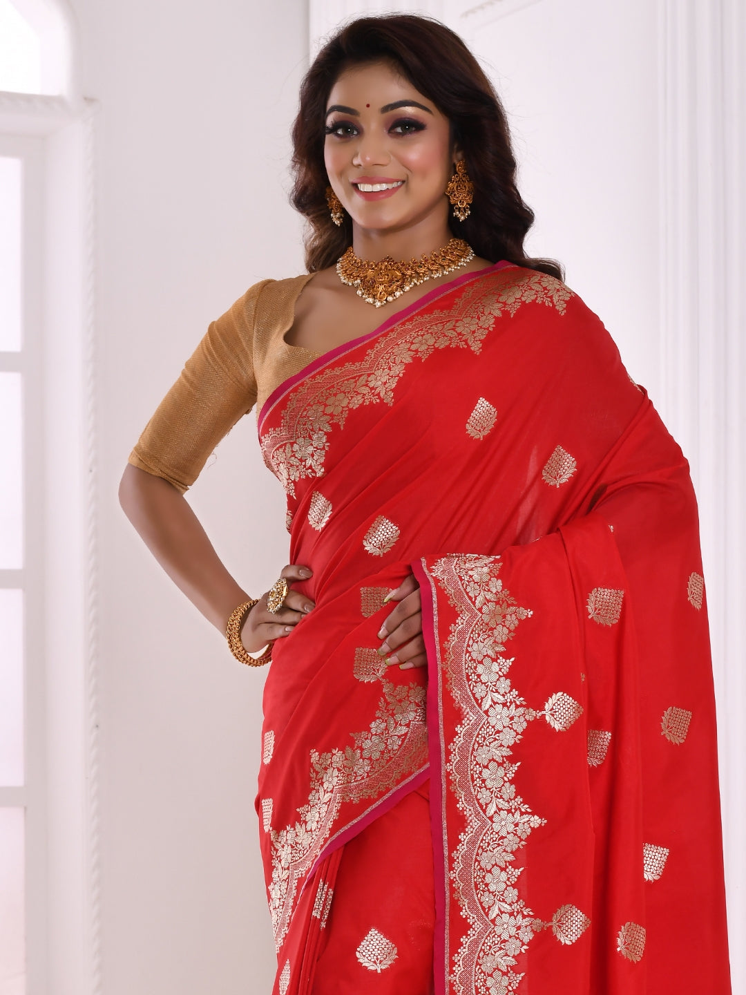 Red Banarasi Silk Silver Zari Embellished Saree