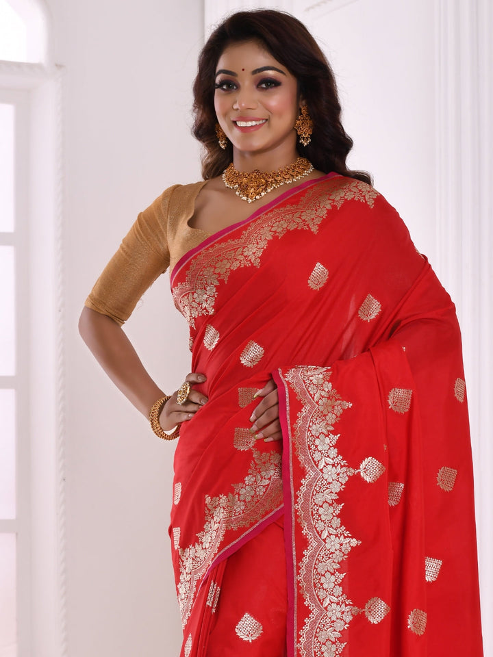 Red Banarasi Silk Silver Zari Embellished Saree
