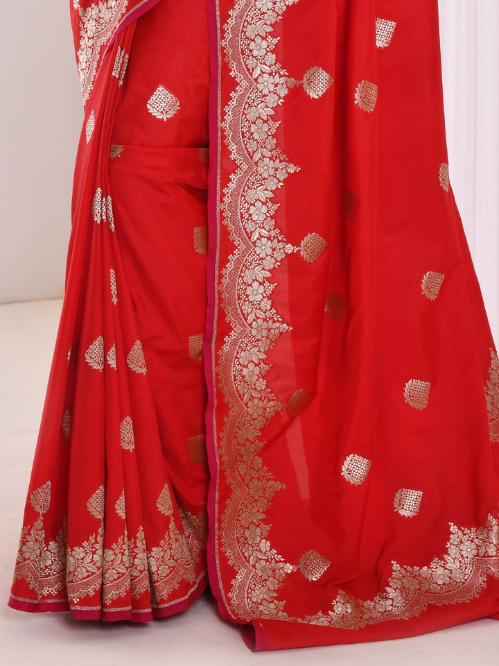 Red Banarasi Silk Silver Zari Embellished Saree