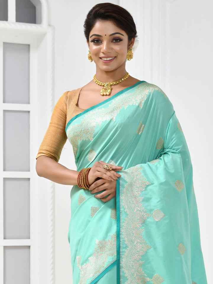 Turquoise Banarasi Silk Silver Zari Embellished Saree