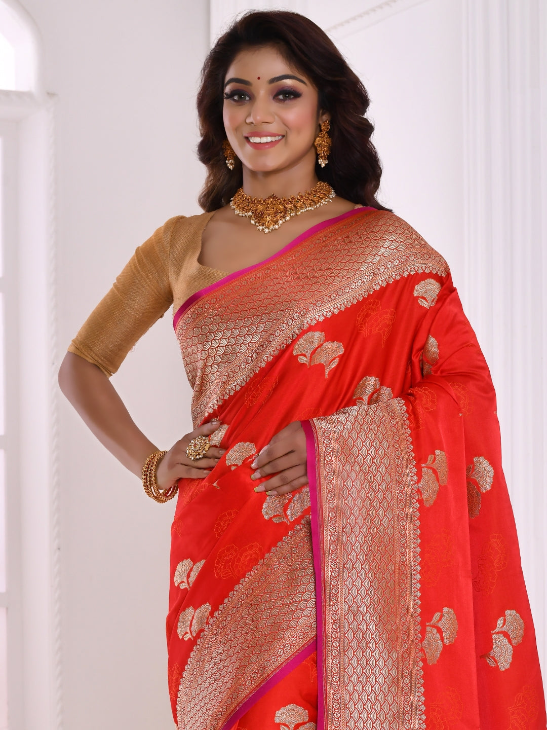 Red Banarasi Silk Saree With Brocade Border