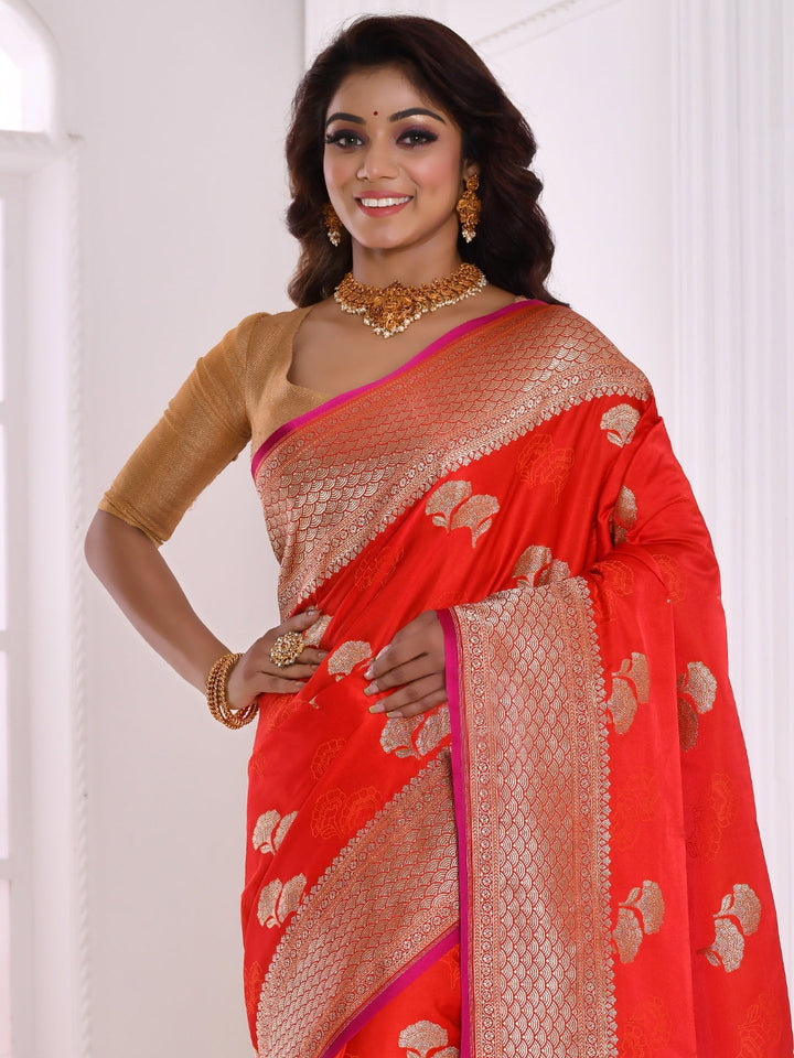 Red Banarasi Silk Saree With Brocade Border