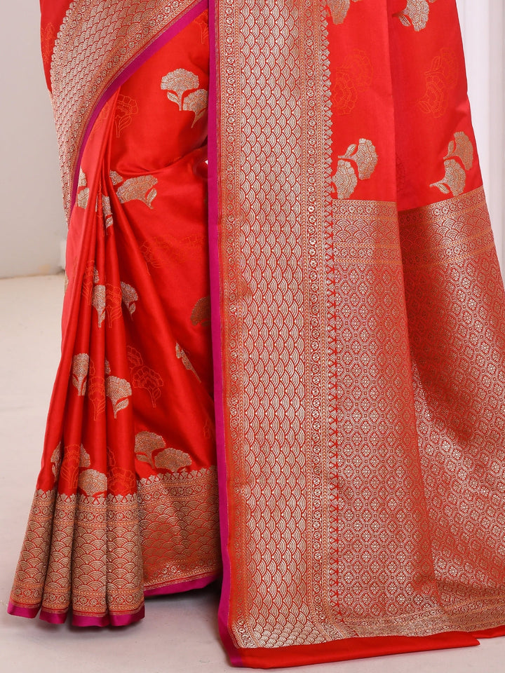 Red Banarasi Silk Saree With Brocade Border