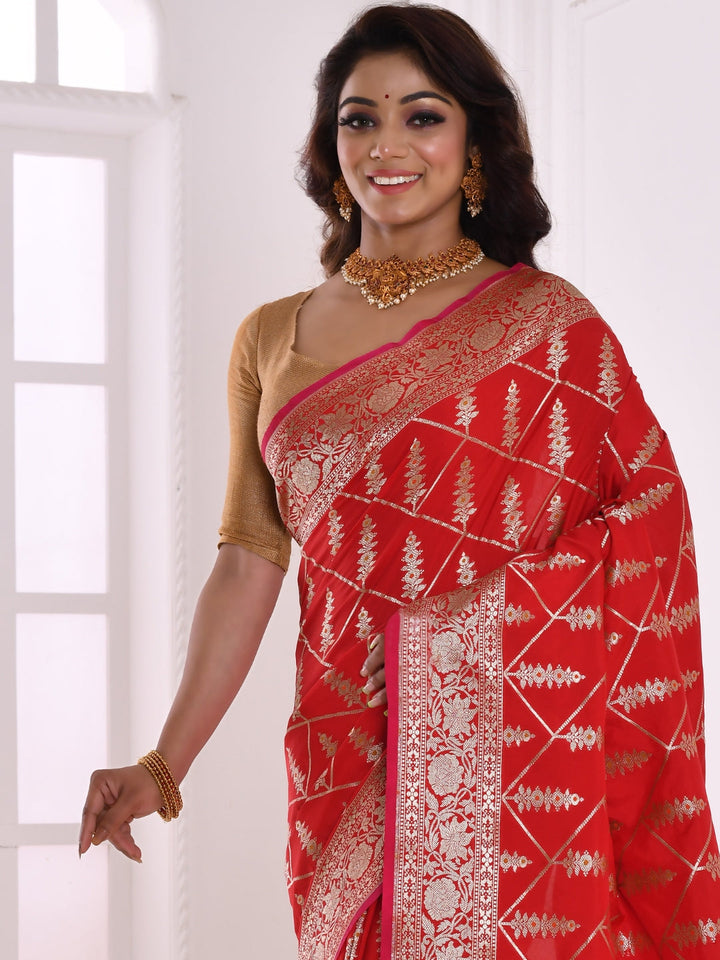 Red Banarasi Silk Silver Zari Embellished Saree