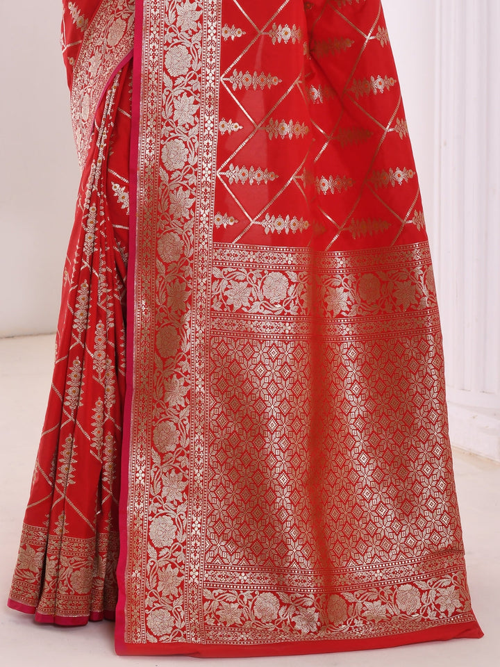 Red Banarasi Silk Silver Zari Embellished Saree