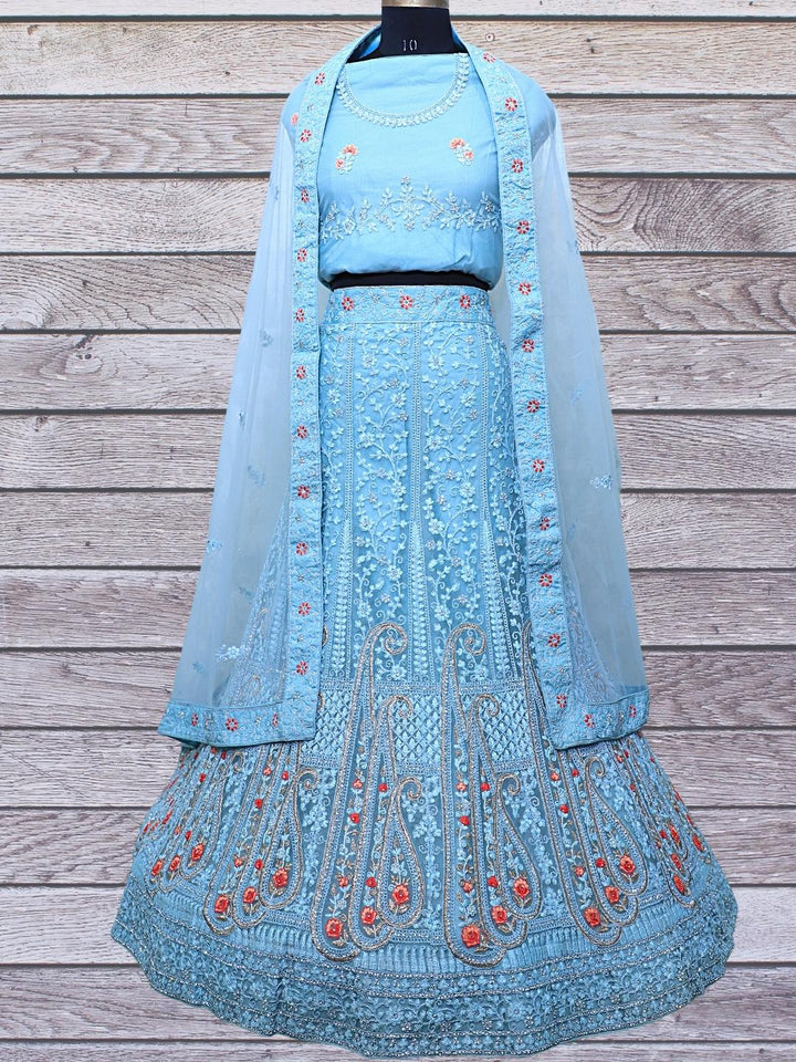 Zircon Embellished Sky Blue Lehenga with Resham Embroidered Paisleys