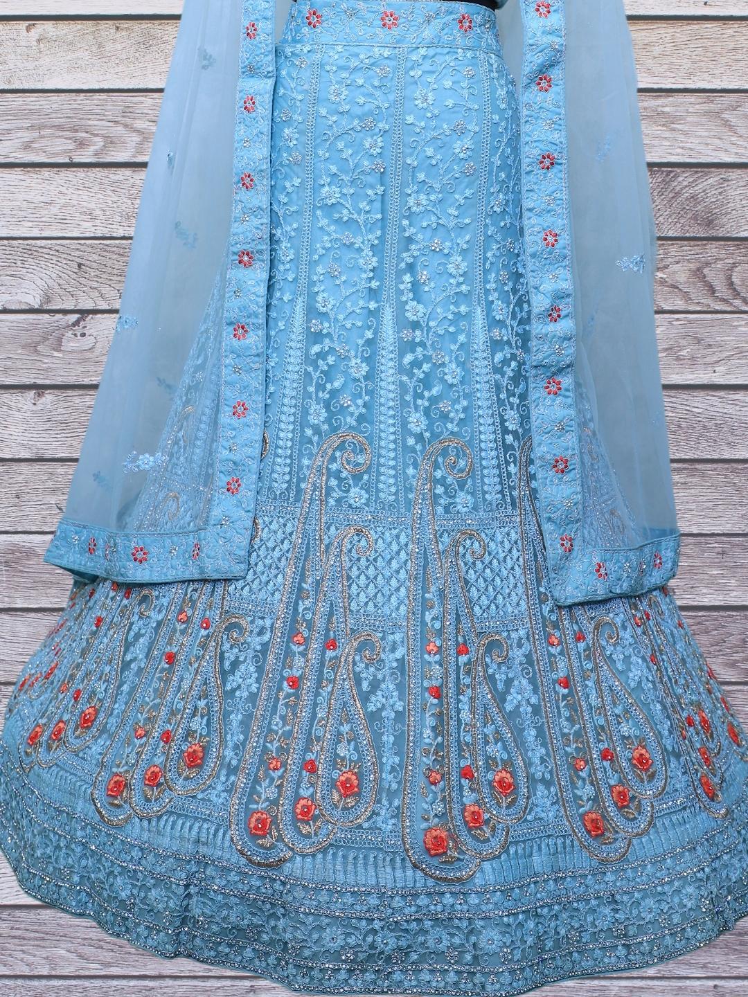 Zircon Embellished Sky Blue Lehenga with Resham Embroidered Paisleys