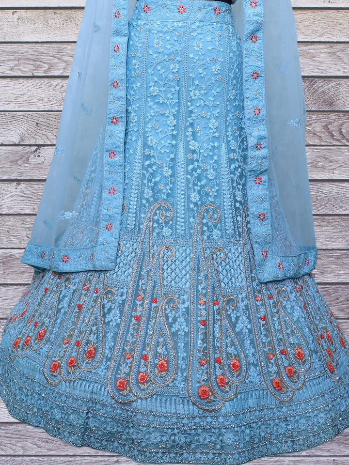 Zircon Embellished Sky Blue Lehenga with Resham Embroidered Paisleys