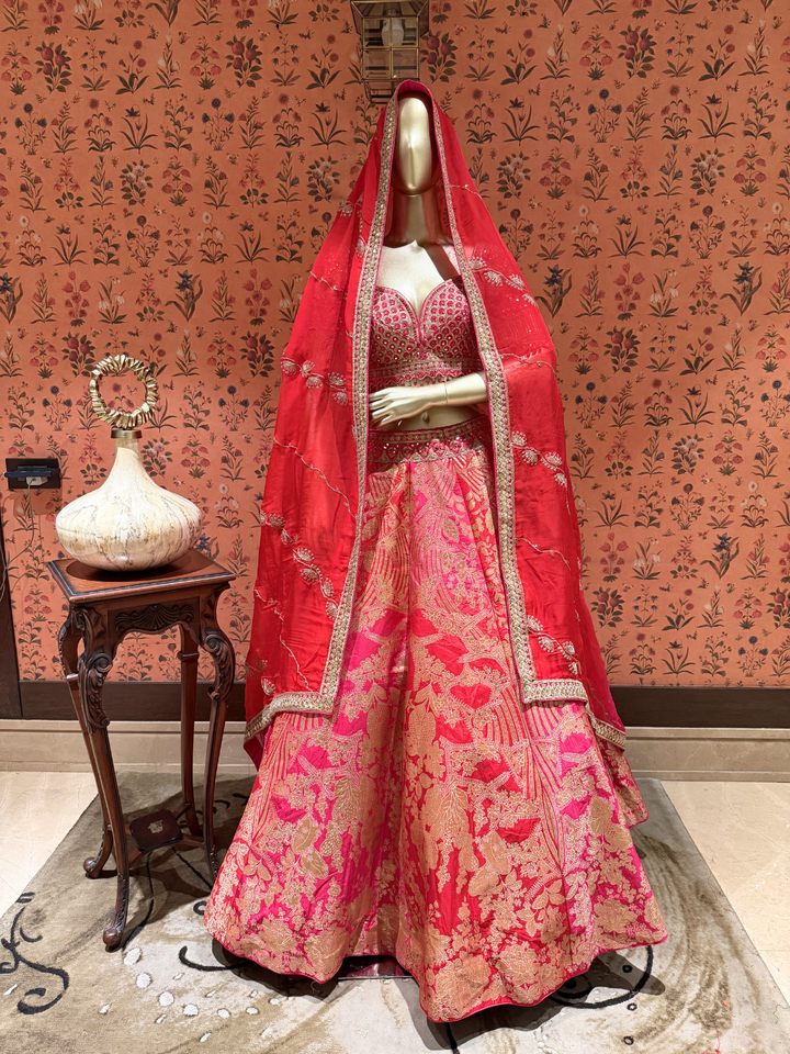 Banarasi Silk Zari Woven & Embroidered Bridal Lehenga Set with Dupatta in Coral Red & Pink
