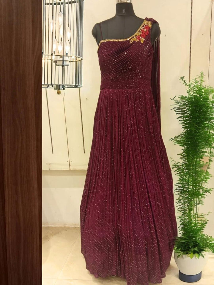 Maroon Sequence Embellished One Shoulder Long Flared Gown Dress