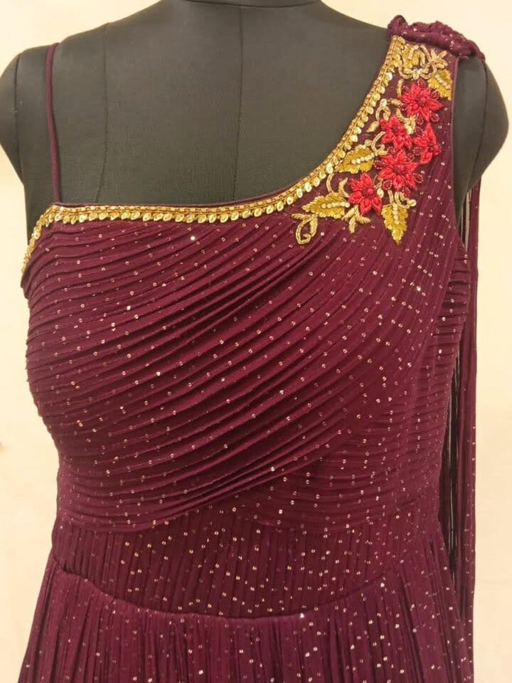 Maroon Sequence Embellished One Shoulder Long Flared Gown Dress