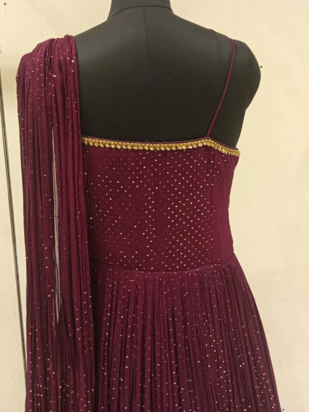 Maroon Sequence Embellished One Shoulder Long Flared Gown Dress