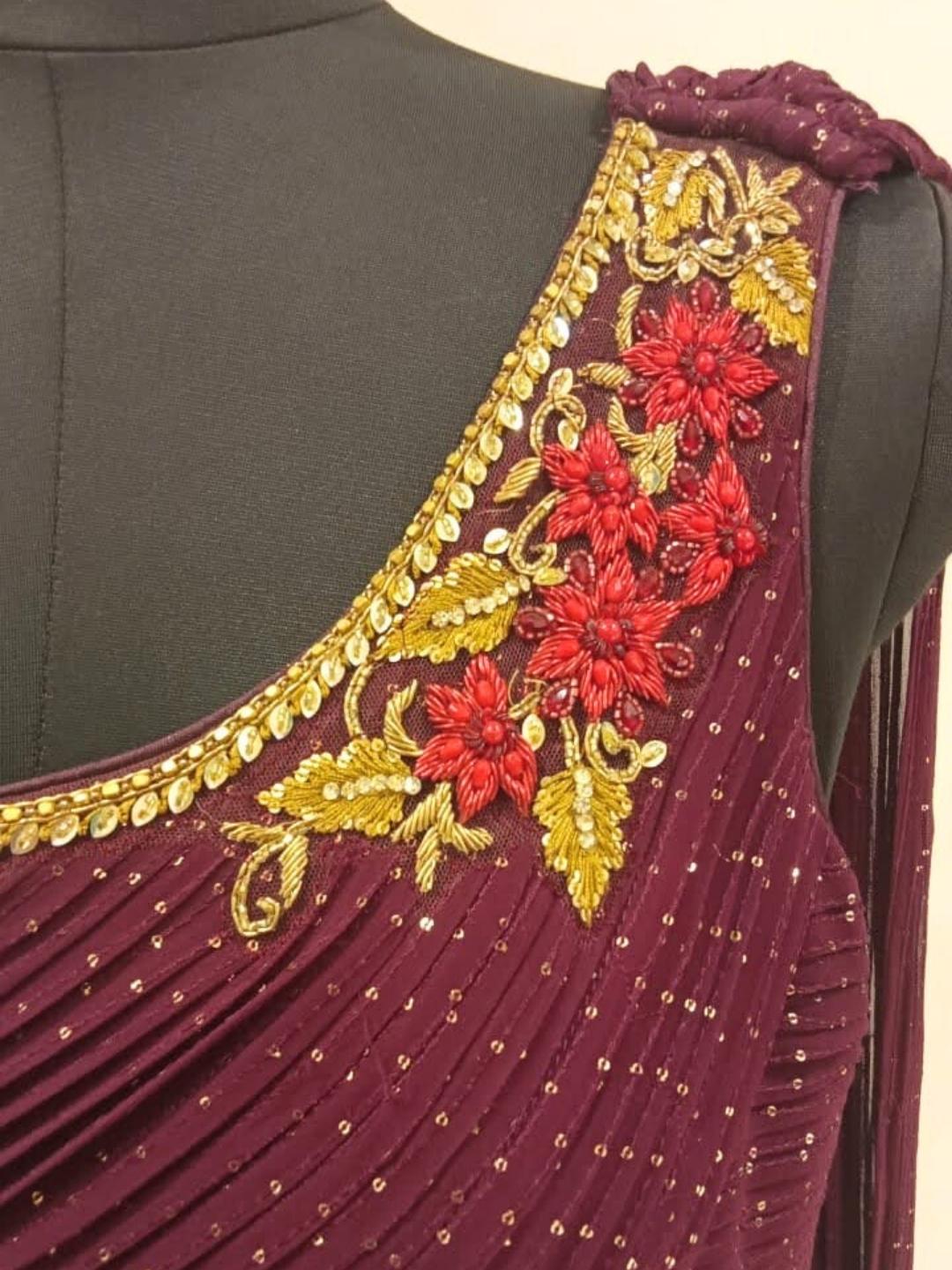 Maroon Sequence Embellished One Shoulder Long Flared Gown Dress