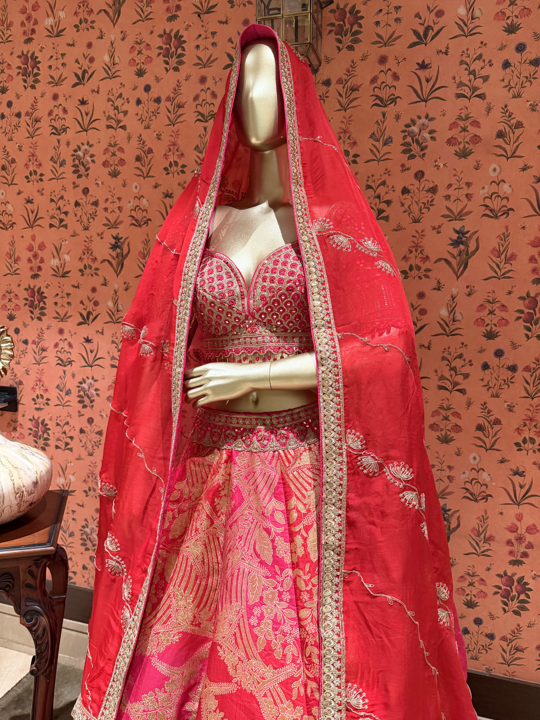 Banarasi Silk Zari Woven & Embroidered Bridal Lehenga Set with Dupatta in Coral Red & Pink