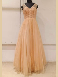 Peach Embellished Barbie Style Flared Net Gown Dress