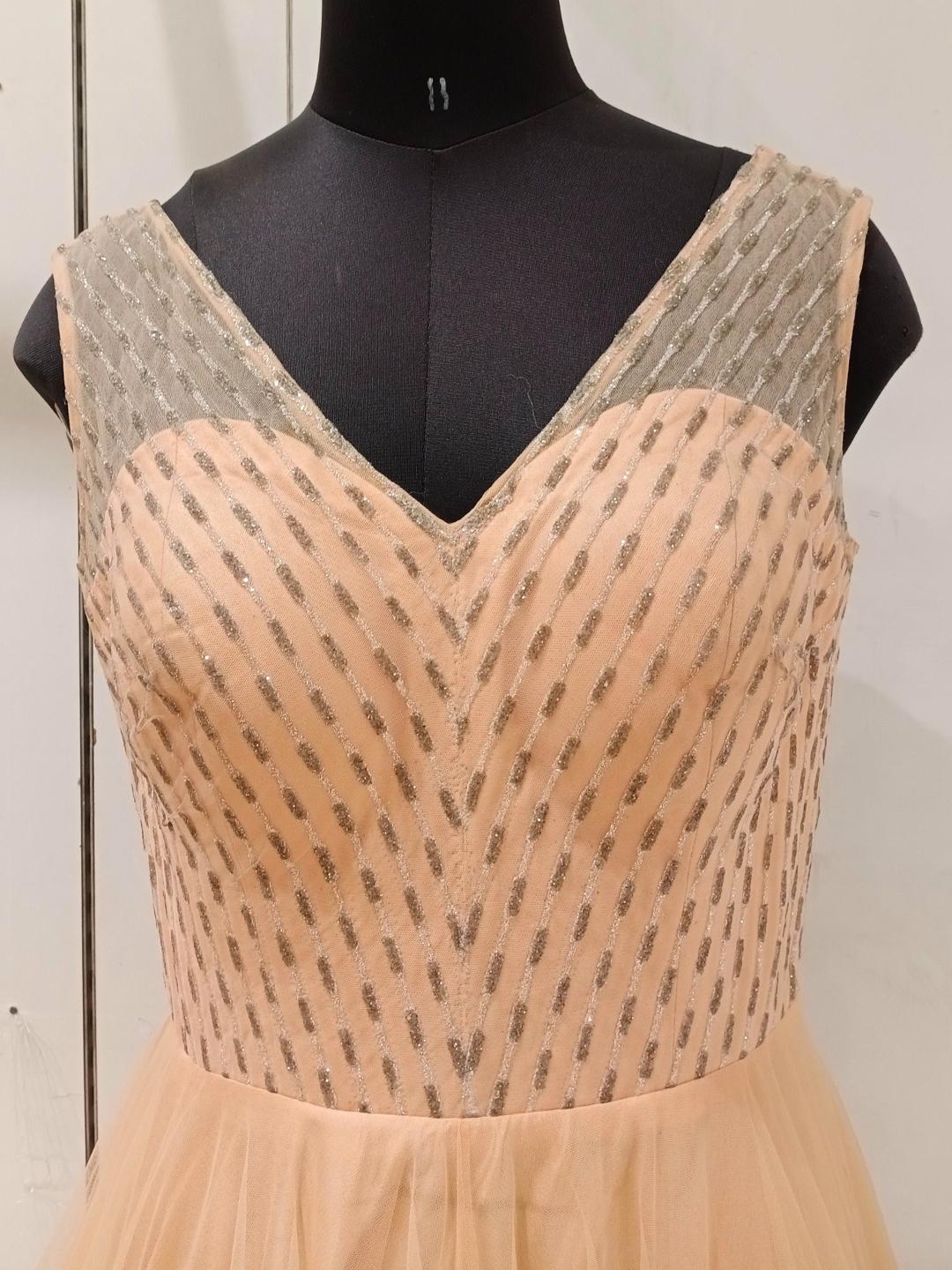 Peach Embellished Barbie Style Flared Net Gown Dress
