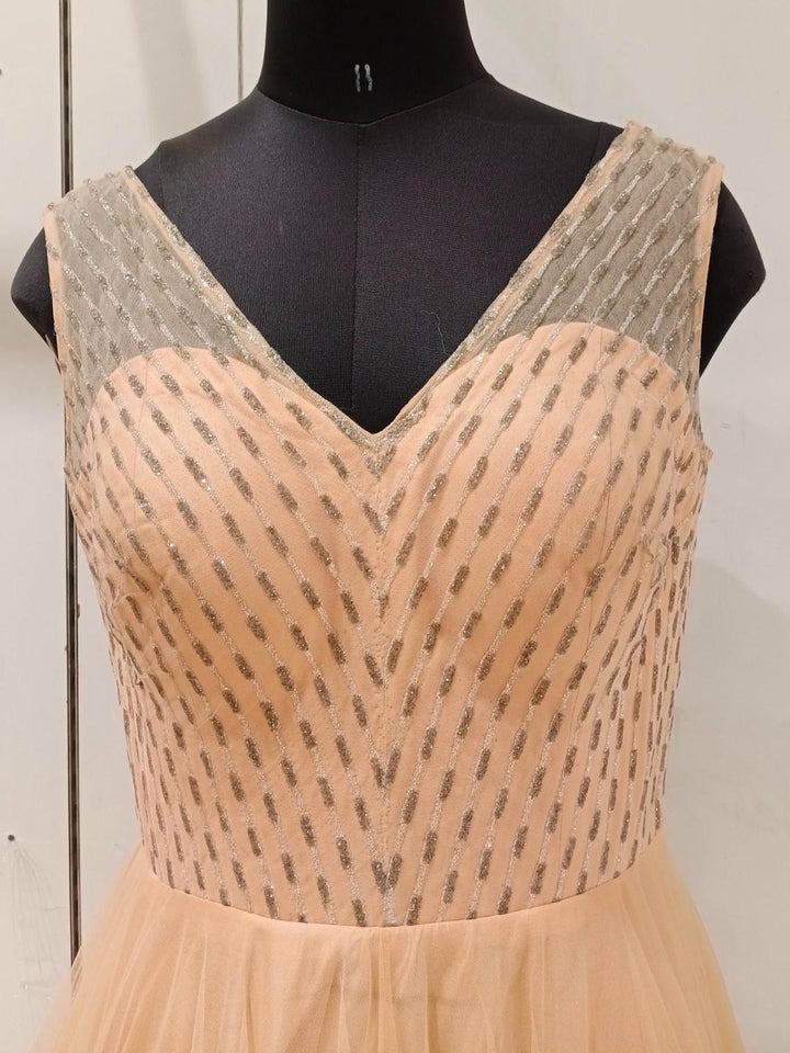 Peach Embellished Barbie Style Flared Net Gown Dress