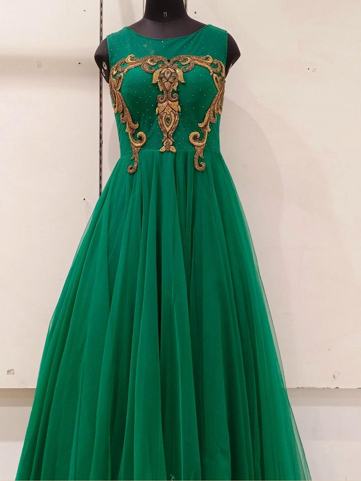 Bottle Green Embellished Barbie Style Flared Net Gown Dress