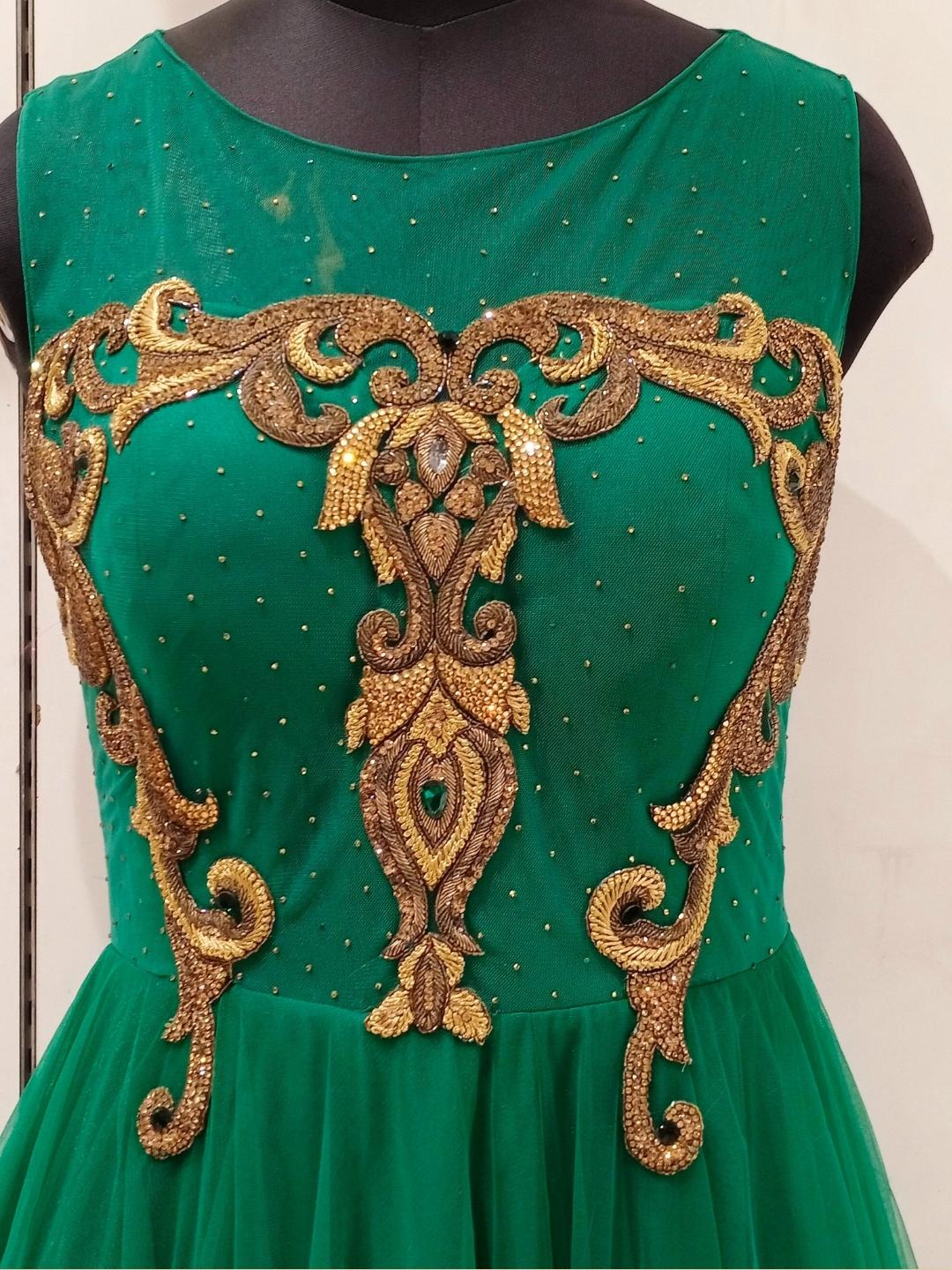 Bottle Green Embellished Barbie Style Flared Net Gown Dress Chhabra 555 Bottle Green Embellished Barbie Style Flared Net Gown Dress Chhabra 555