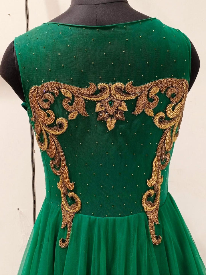 Bottle Green Embellished Barbie Style Flared Net Gown Dress