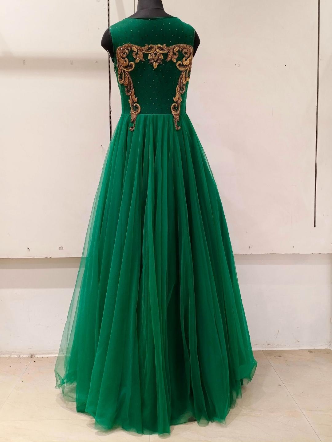 Bottle Green Embellished Barbie Style Flared Net Gown Dress