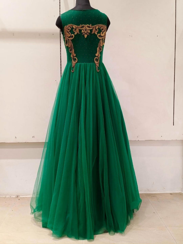 Bottle Green Embellished Barbie Style Flared Net Gown Dress