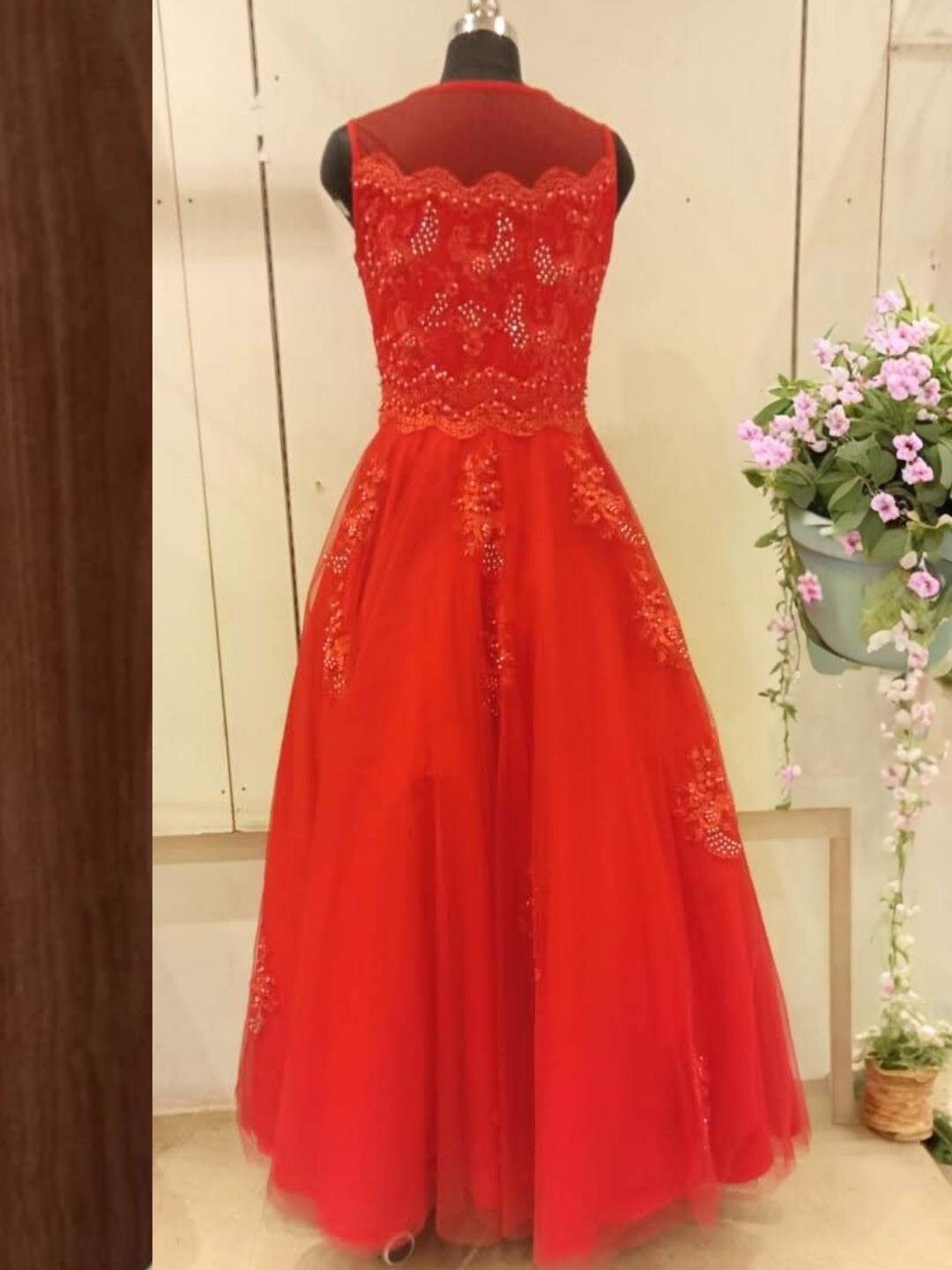 Red Bridal Resham Embroidered & Beads Embellished Barbie Style Flared Net Gown Dress