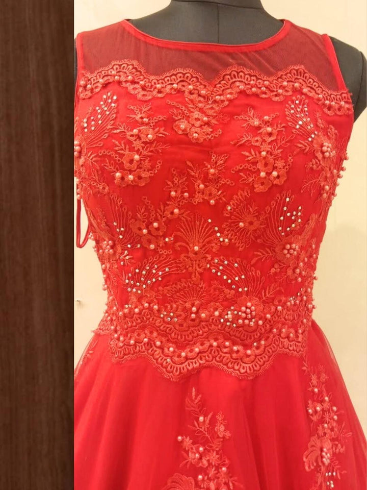 Red Bridal Resham Embroidered & Beads Embellished Barbie Style Flared Net Gown Dress