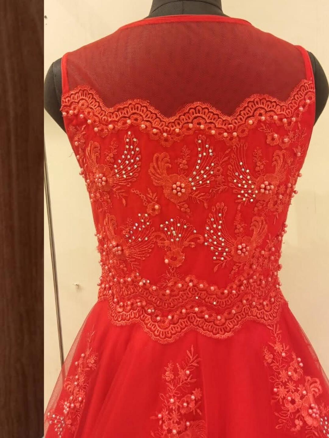 Red Bridal Resham Embroidered & Beads Embellished Barbie Style Flared Net Gown Dress