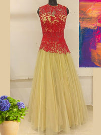Beige & Red Embellished Stylized Flared Net Gown Dress