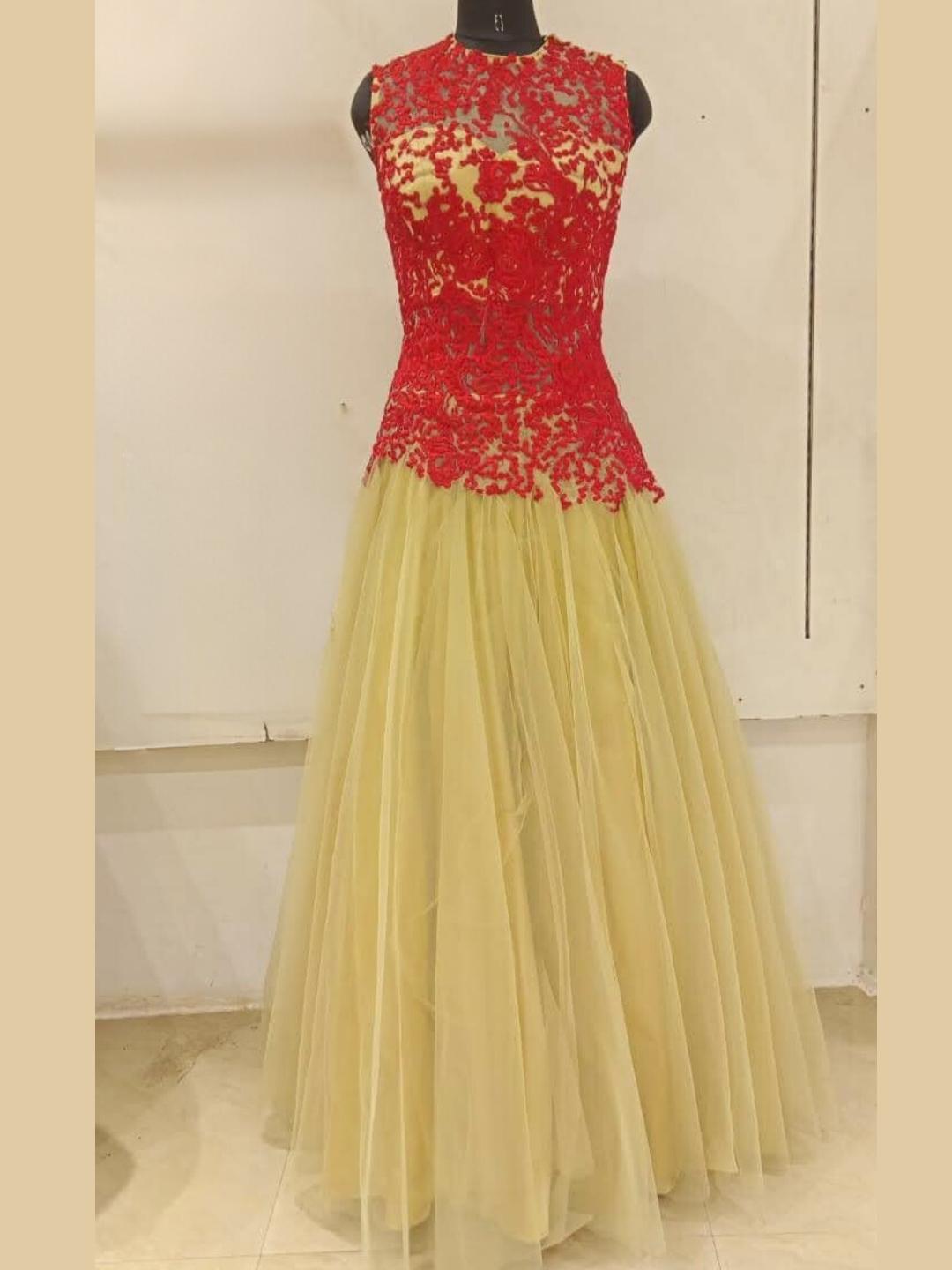 Beige & Red Embellished Stylized Flared Net Gown Dress