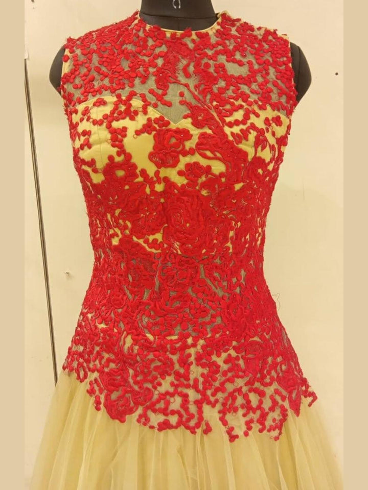 Beige & Red Embellished Stylized Flared Net Gown Dress