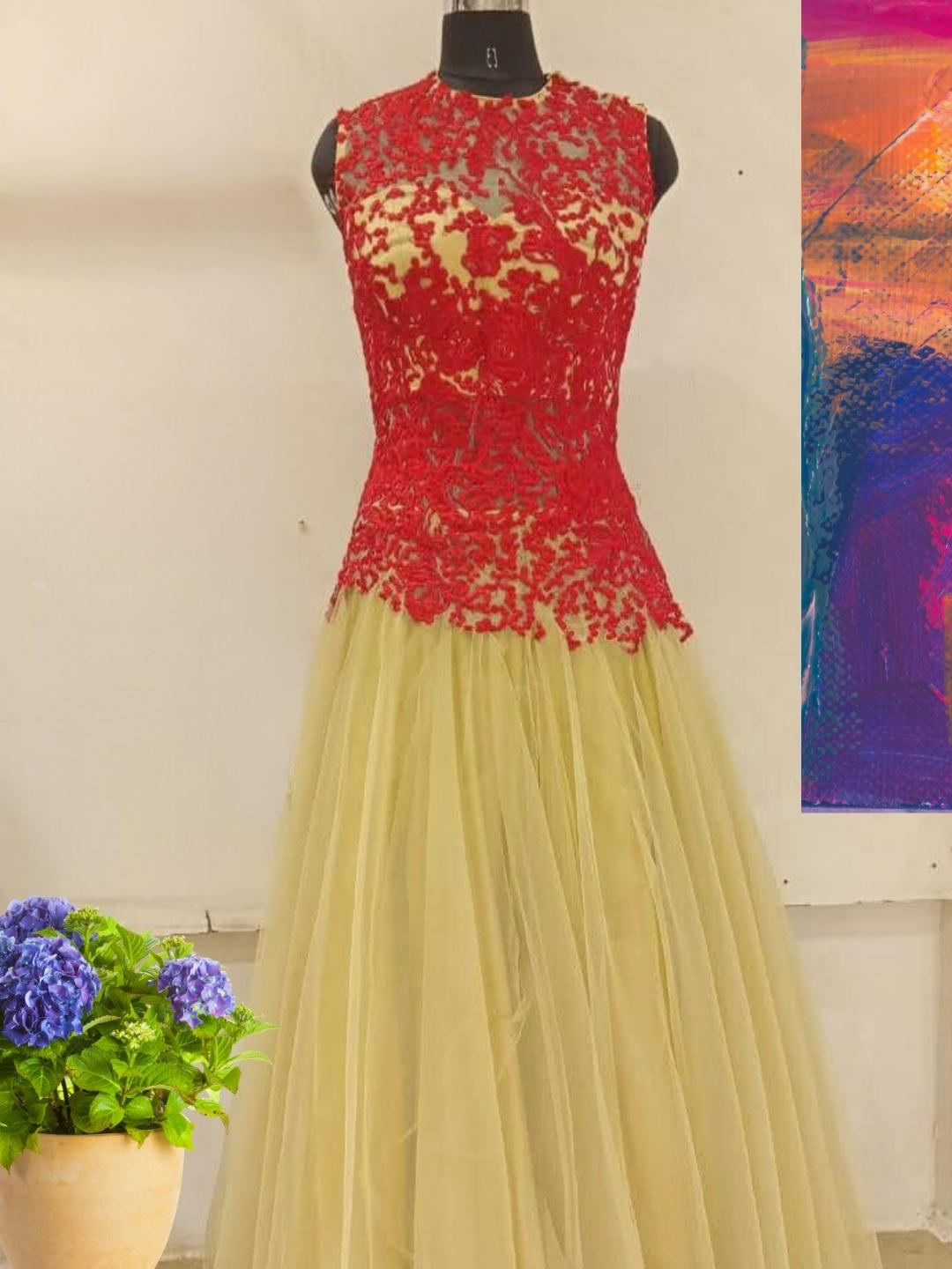 Beige & Red Embellished Stylized Flared Net Gown Dress