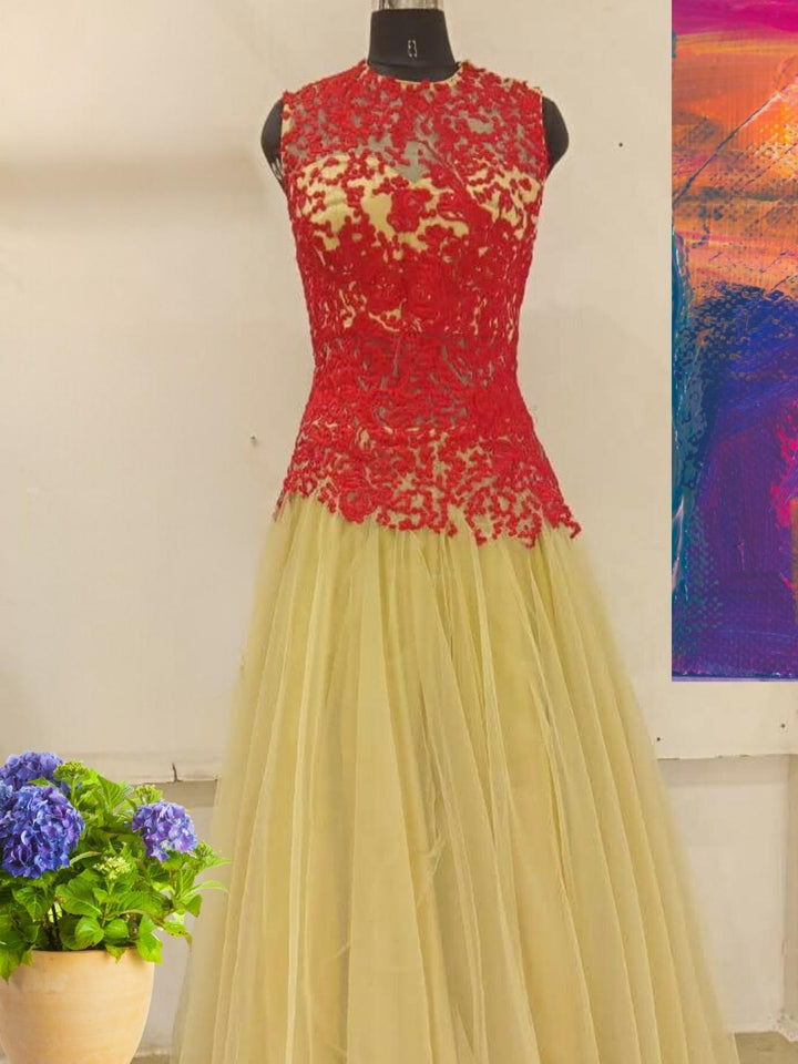 Beige & Red Embellished Stylized Flared Net Gown Dress