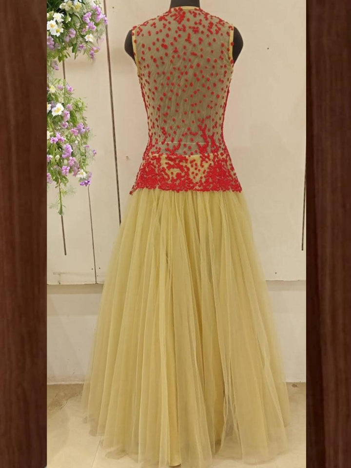 Beige & Red Embellished Stylized Flared Net Gown Dress