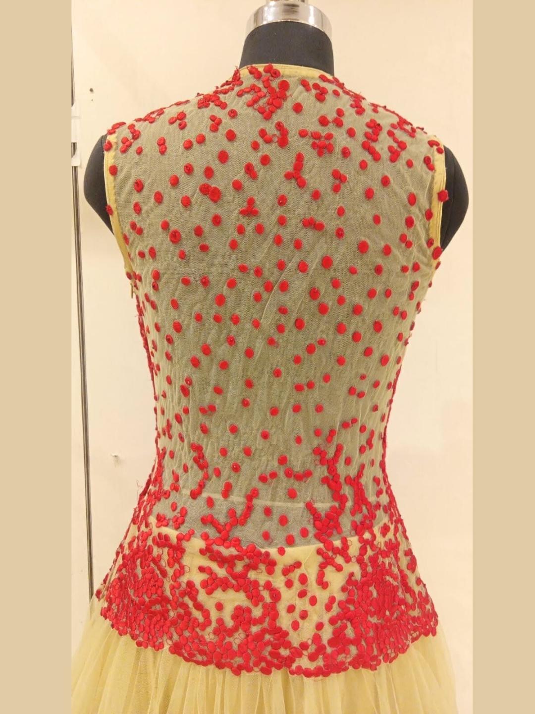 Beige & Red Embellished Stylized Flared Net Gown Dress
