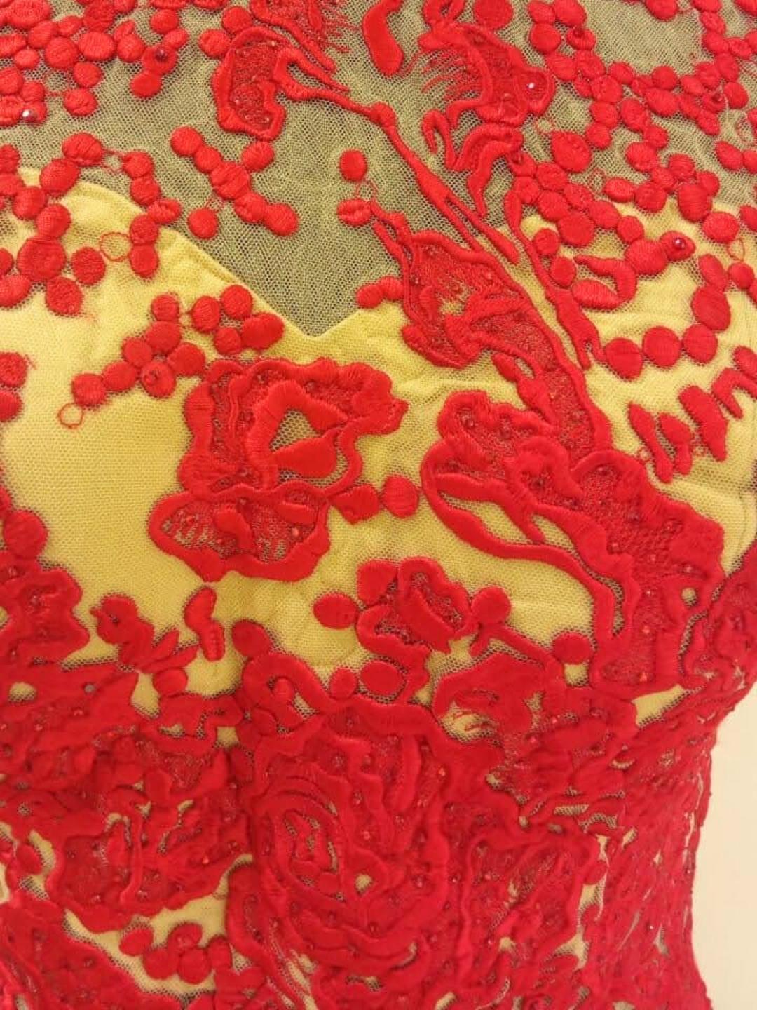Beige & Red Embellished Stylized Flared Net Gown Dress