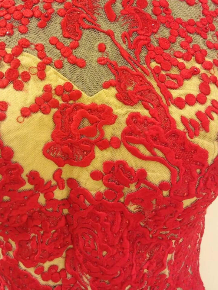 Beige & Red Embellished Stylized Flared Net Gown Dress