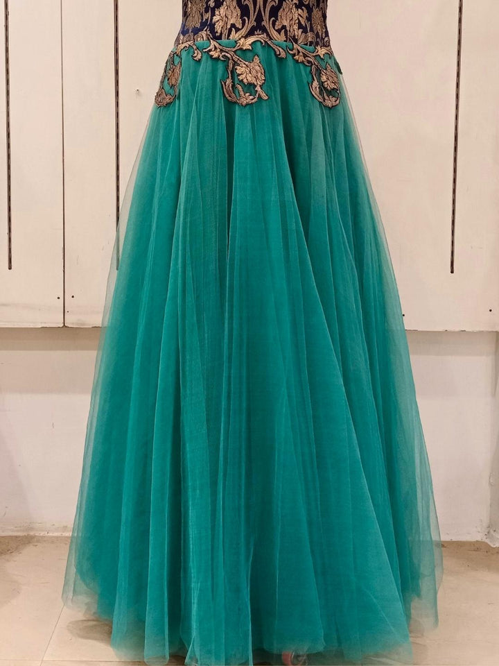 Peacock Shades Embellished Stylized Flared Net Gown Dress