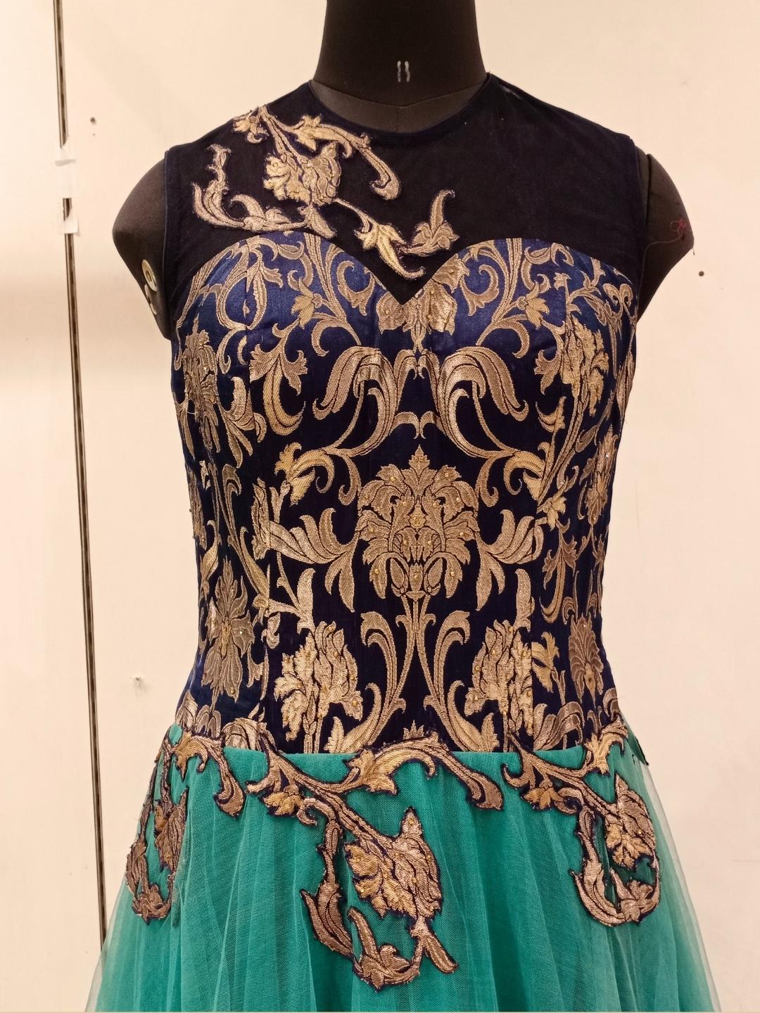 Peacock Shades Embellished Stylized Flared Net Gown Dress